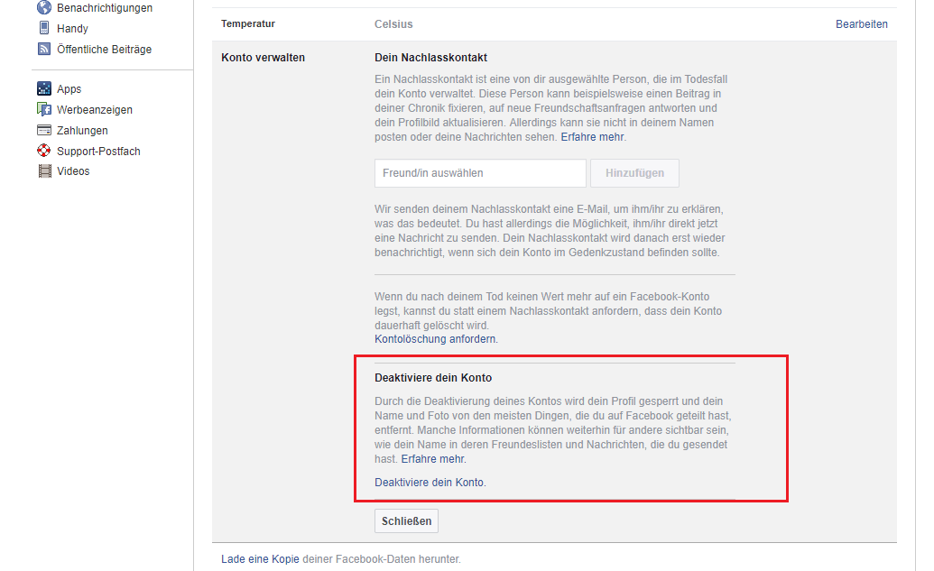 Facebook Konto Deaktivierung
