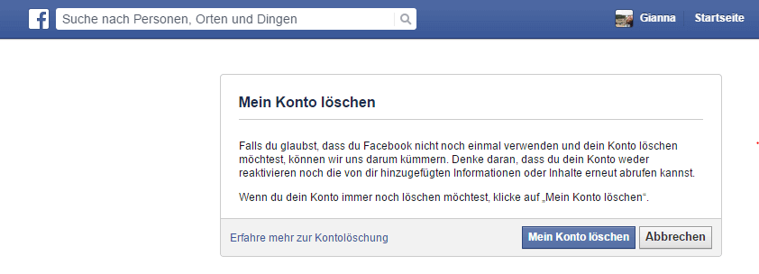 Facebook Konto löschen - Bestätigung