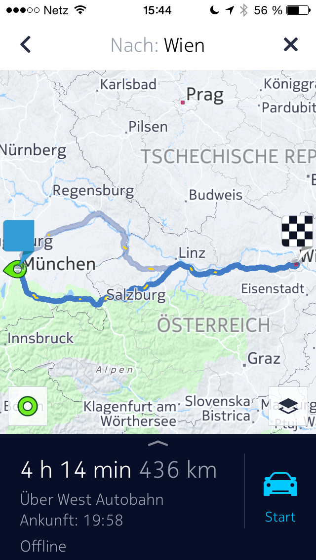 Navi App HERE Karte von München nach Wien