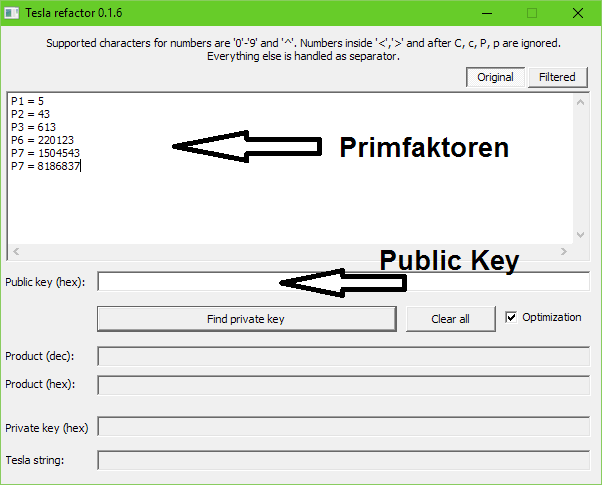 Schlüsselerstellung "Find private key" bei TeslaRefactor
