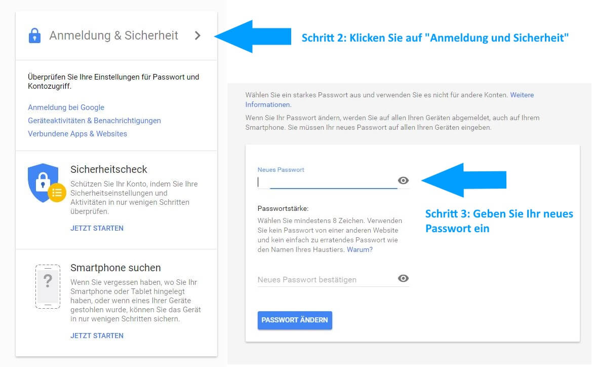 Schritte zum Google Passwort ändern