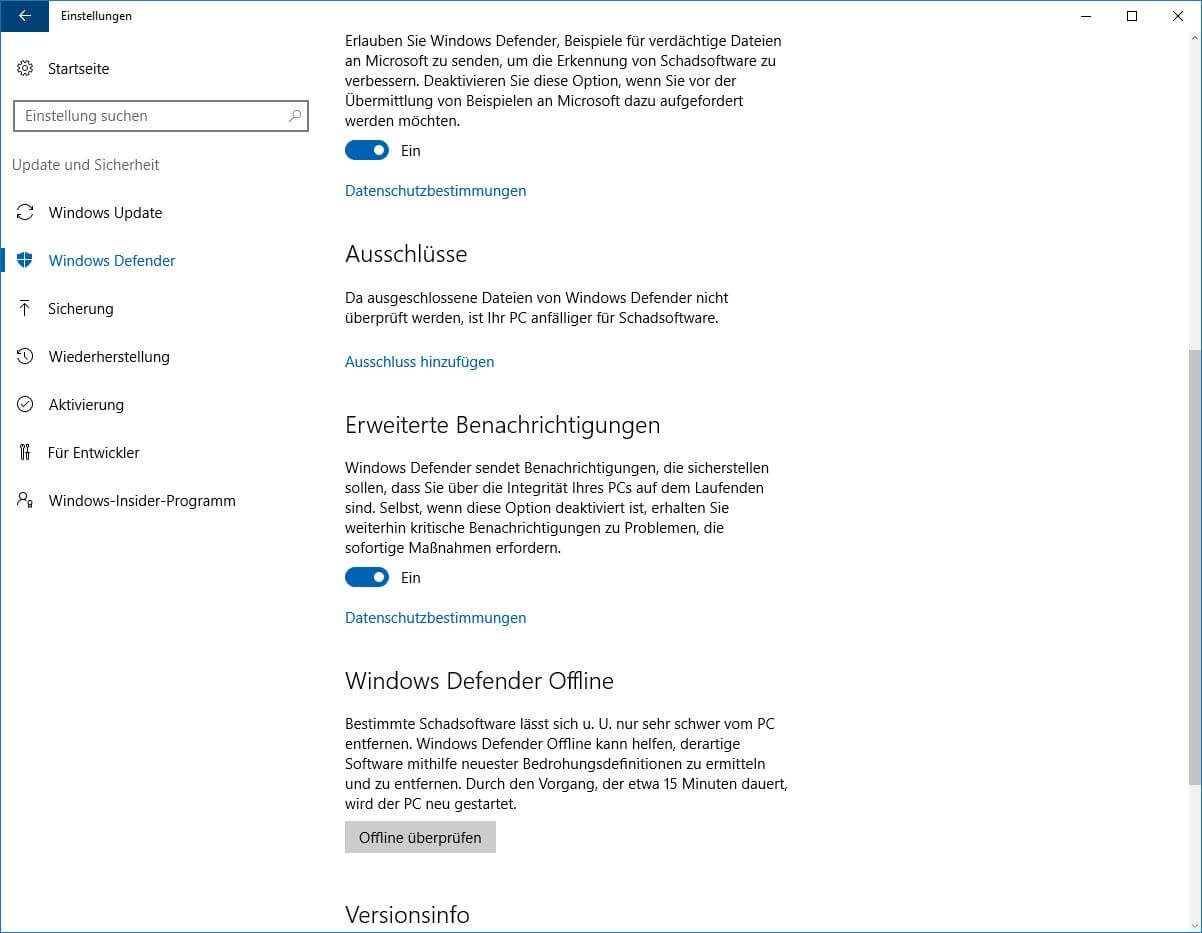 Windows Defender Offline über das Einstellungen-Menü starten