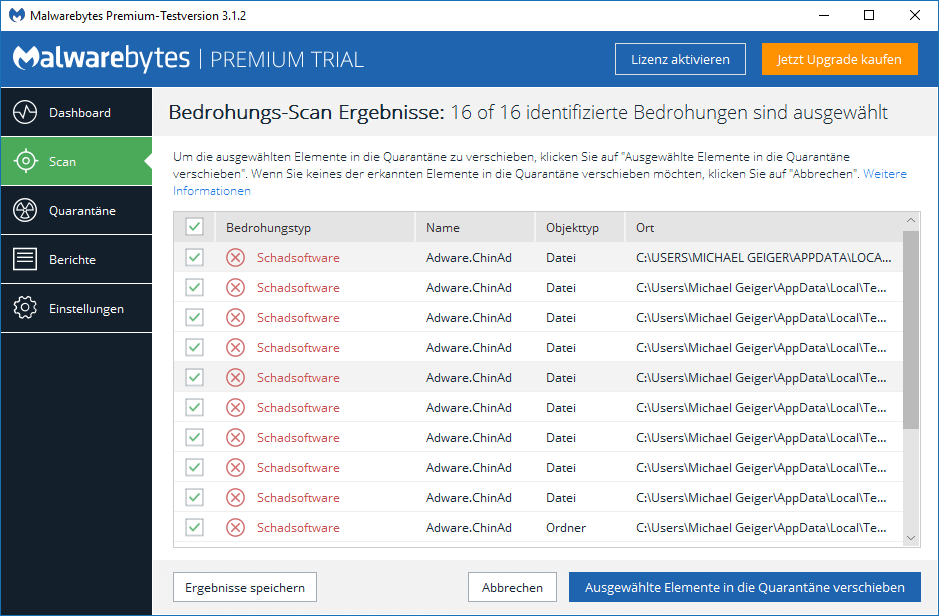 Ergebnisse entfernen