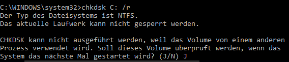 Chkdsk / Check disk Befehl C: /r mit Dateisystem NTFS