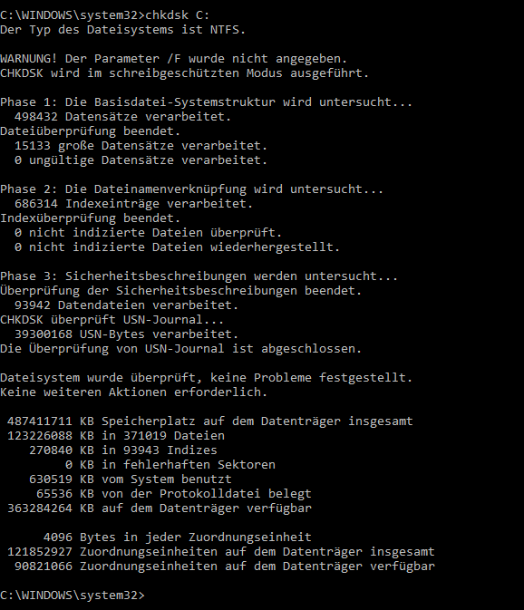 Befehl Chkdsk C:, Durchlauf einer Festplatte