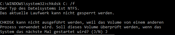 Chkdsk / Check disk Befehl C: /f mit Dateisystem NTFS