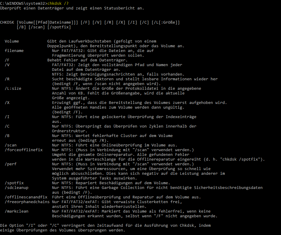 Liste aller möglichen chkdsk Befehle
