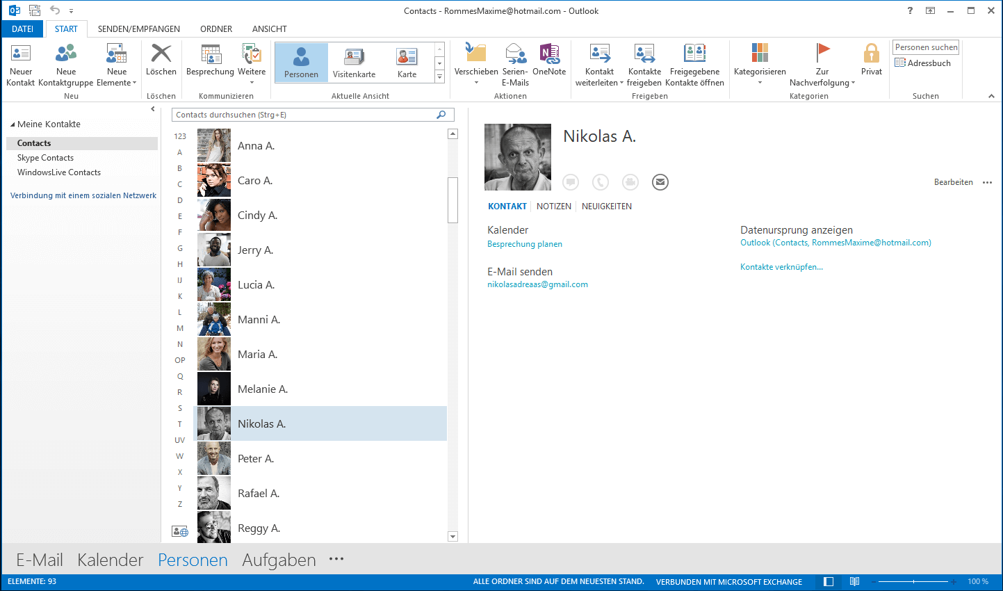 Personen-Fenster in Outlook