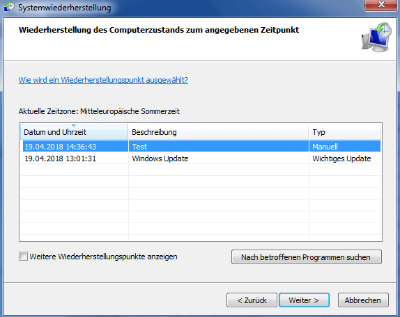 Zeitpunkte Systemwiederherstellung