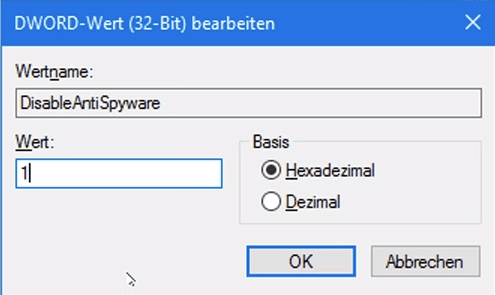 windows defender unter windows 10 deaktivieren dword wert bearbeiten