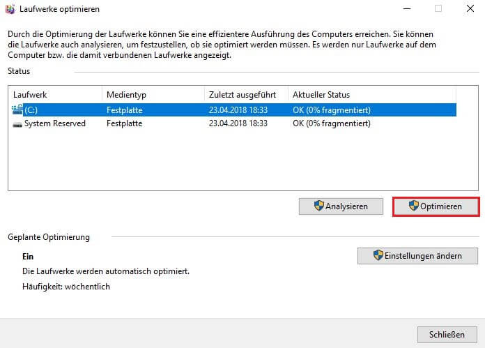 Windows 10 defragmentieren