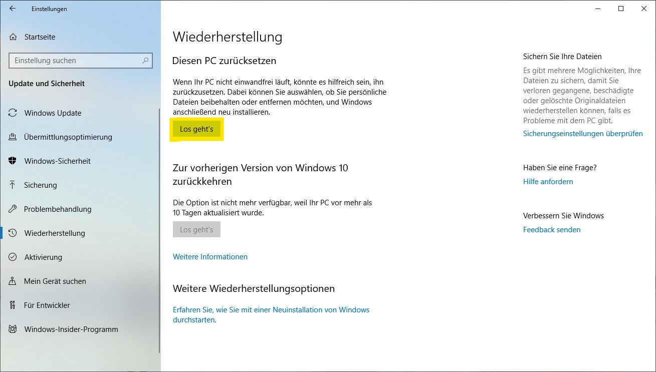 Windows 10 zurücksetzen: Wiederherstellung