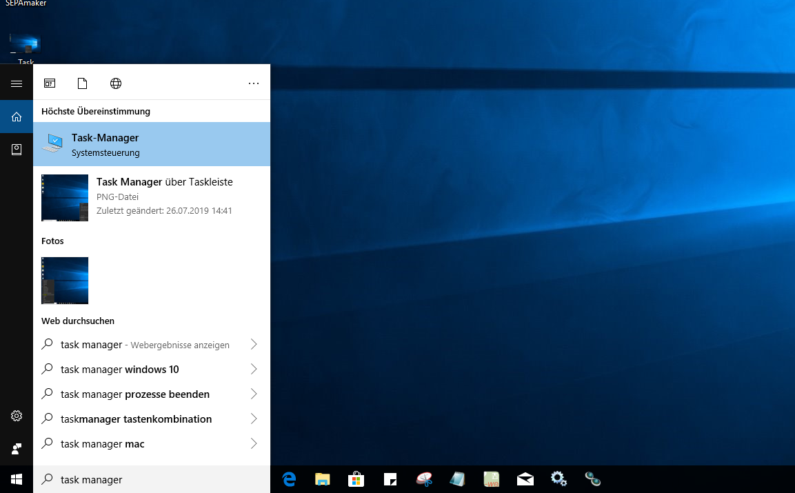 Task Manager via Windows Suche öffnen