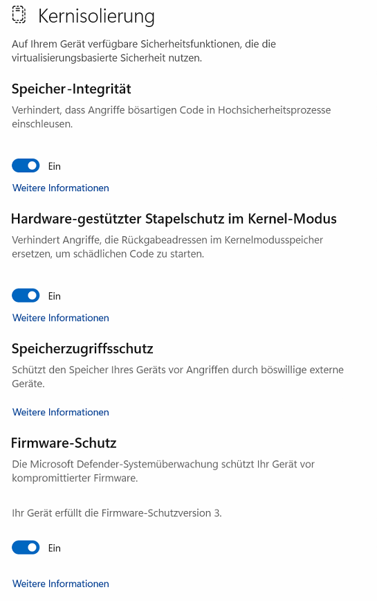 Windows-Sicherheit, Kernisolierung auf einem aktuellen Windows-11-Gerät: Speicher-Integrität, hardwaregestützter Stapelschutz im Kernel-Modus und Firmware-Schutz sind eingeschaltet